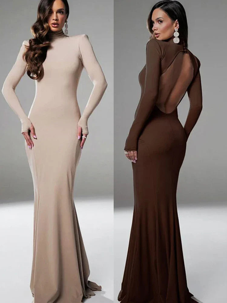 Women's Dresses Autumn Winter New Sexy Solid Backless Elegant Dress Streetwear Fashion Casual Slim Turtleneck Long Sleeves Dress