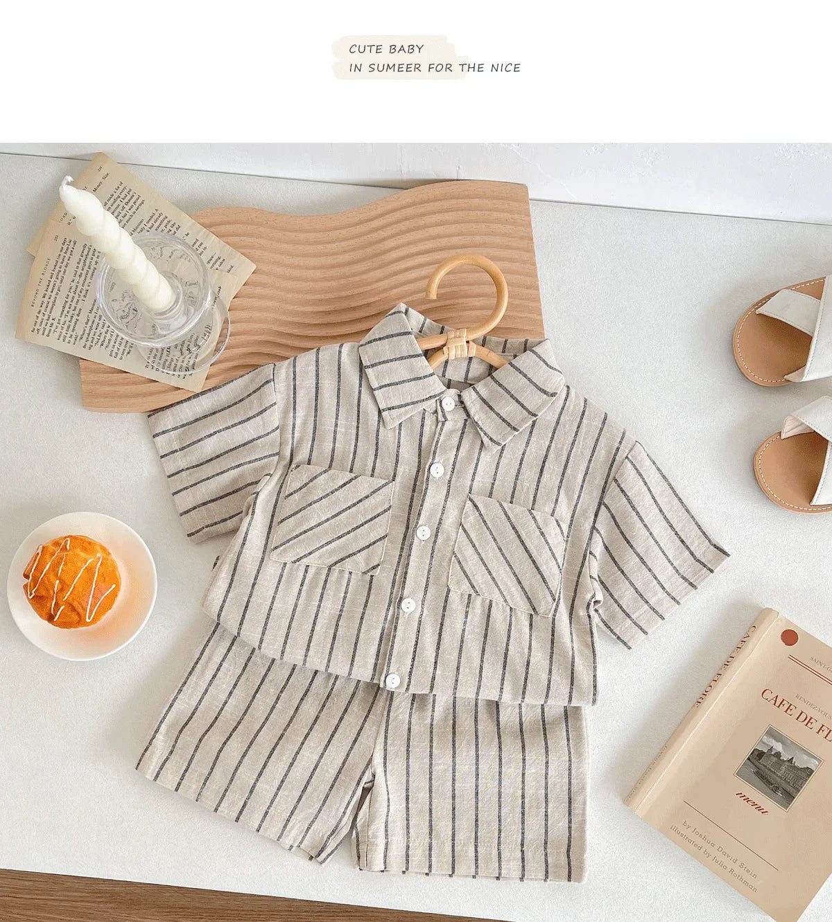 Set Children Unisex Summer New Style Cotton Stripe Pocket Shirt Polo Collar Shourts Fashion Casual Brief Versatile Korean