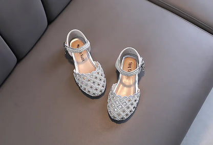 Children Spring Summer Korean Version Dance Shoes Girls Pearl Show Shoes Girl Rhinestone Princess Lace Leather Shoes Solid Color