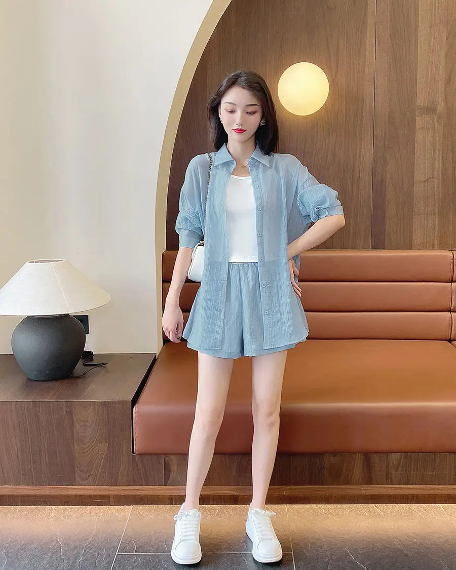 Spring and Summer Sun Protection Women's Set Stylish Loose Shirt Shorts High-end Elegant Women's Three Piece Set