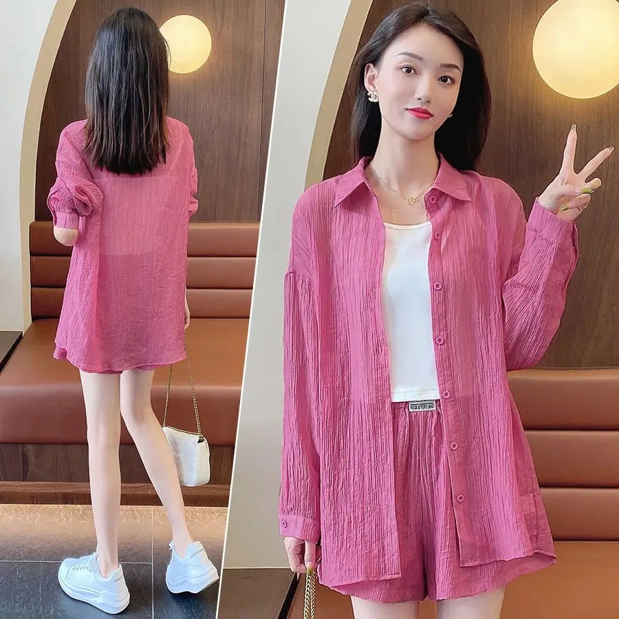 Spring and Summer Sun Protection Women's Set Stylish Loose Shirt Shorts High-end Elegant Women's Three Piece Set