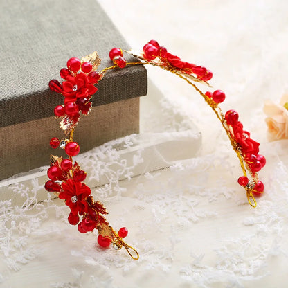 Artificial Flower Hairband Wedding Tiaras For Women Red Floral Pearl Headband Elegant Girls Hair Hoop Bridal Headwear Jewelry