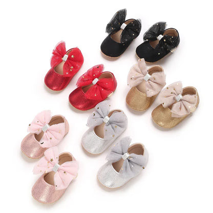 Spring and Autumn New Girl Baby Princess Shoes Mesh Bow 0-12 Months Baby Shoes Single Shoes Learning Walking Shoes