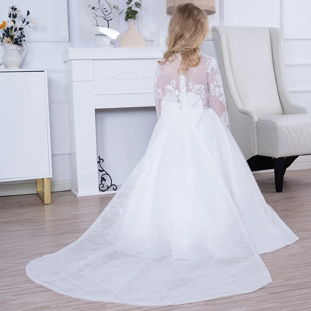 Girl Lace Appliques Princess Wedding Party Flower Girls Dresses Vintage Gown With Bow Kids First Communion Ball Gown