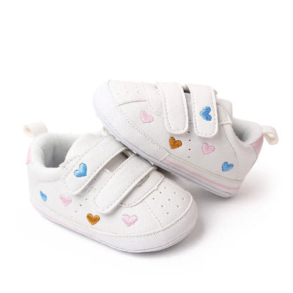 Baby White PU Sneaker Non-slip for Toddler Boys and Girls Cute Embroidery Stars and Hearts
