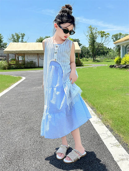 5-14Years Old Girls Dress Children Summer Sweet Beach Holiday Gown Kids Dresses Teenager Sleeveless Clothing Sets