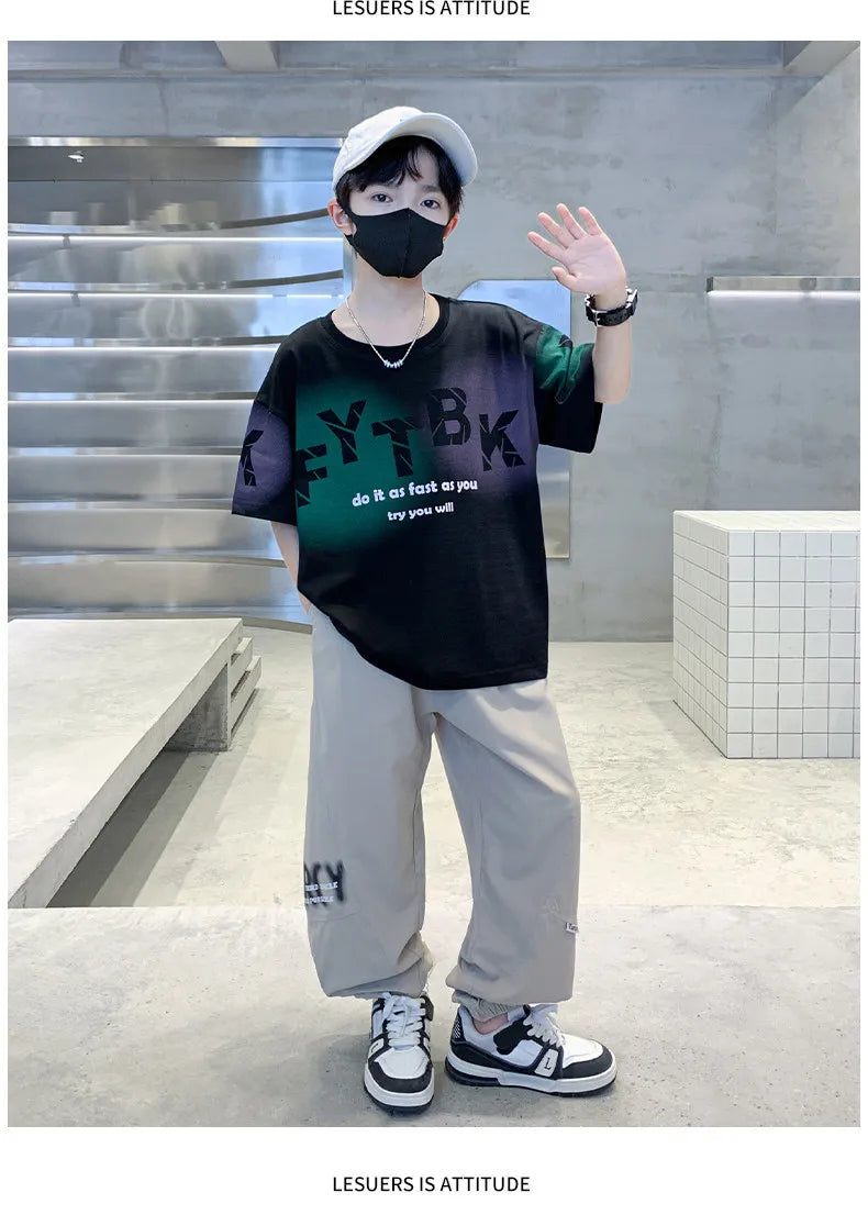 Teenager Boys Clothes Casual Outfit Kids Gradient Tracksuit Child t shirt + ankle tie pant