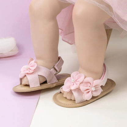 Baby Girls Shoes Flowers With Pearls Summer Cool Princess Sandals Lightweight Comfortable Soft Anti-slip Flat Sole
