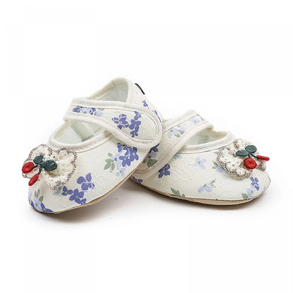 Baby Girls Moccasins Cute Cherry Decor Floral Print Soft Sole Flat Shoes Prewalker Anti-Slip First Walker Shoe