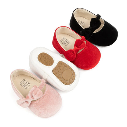 Newborn Baby Girls Mary Jane Flats Cute Bowknot Velvet Toddler Dress Shoes Lovely Princess Infant Crib Shoes for 0-18Months