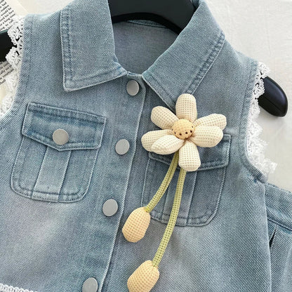 New Baby Girl Summer Denim Set, Children's Lace Splicing Top and Skirt Set