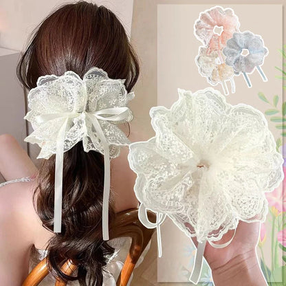 Sweet Drawstring Bow Lace Hair Scrunchies For Women Elastic Hair Bands Ponytail Holders Girl Hair Accessories