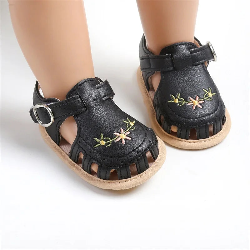 Newborn Infant Baby Girl PU Leather Embroidery Flower Sandals Summer Soft Sole Flat Princess Shoes Infant Non-Slip First Walkers