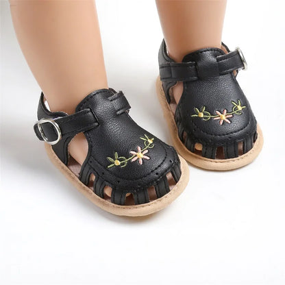 Newborn Infant Baby Girl PU Leather Embroidery Flower Sandals Summer Soft Sole Flat Princess Shoes Infant Non-Slip First Walkers