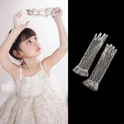 1 pair Lace Gloves for Little Kids Ages 3 to 12 Year Flower Girls Mittens White