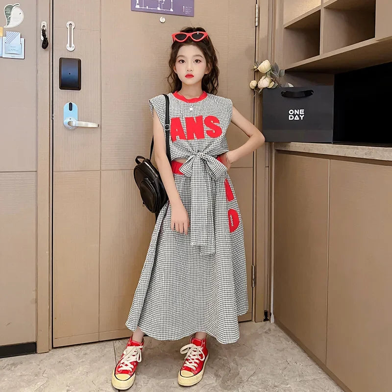 Girls Clothes Summer Kids Fashion Letter Vest + Skirt 2pcs Set Children Clothing Suit Teen Girl Plaid Bowknot Sleeveless Outfits