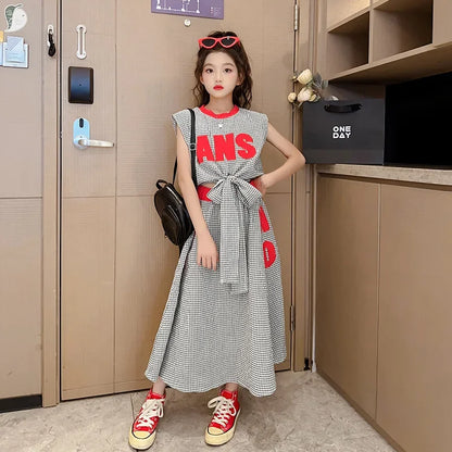 Girls Clothes Summer Kids Fashion Letter Vest + Skirt 2pcs Set Children Clothing Suit Teen Girl Plaid Bowknot Sleeveless Outfits