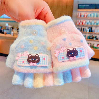Winter Plush Knitted Cartoon Rabbit Flexible Flip-top Gloves Thicken Warm Cute Gloves For Baby Girls Half Finger Children Gloves