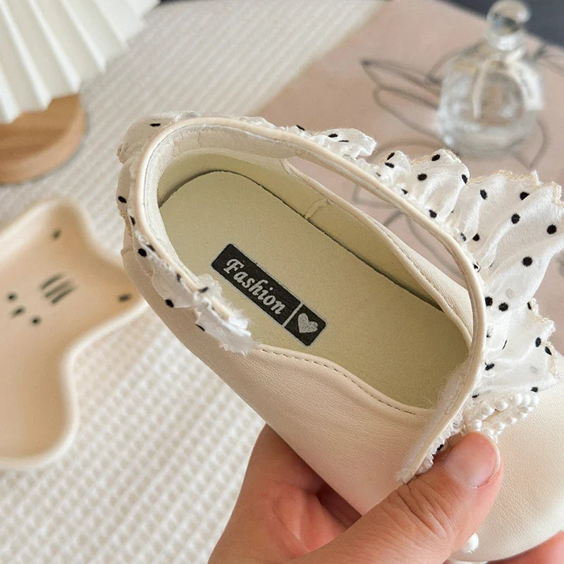 Girl's Leather Shoes Frilly Pearl Adorable Hook-loop Kids Flat Shoe Beige Brown Shallow Sweet Trendy Children Shoe 23-34