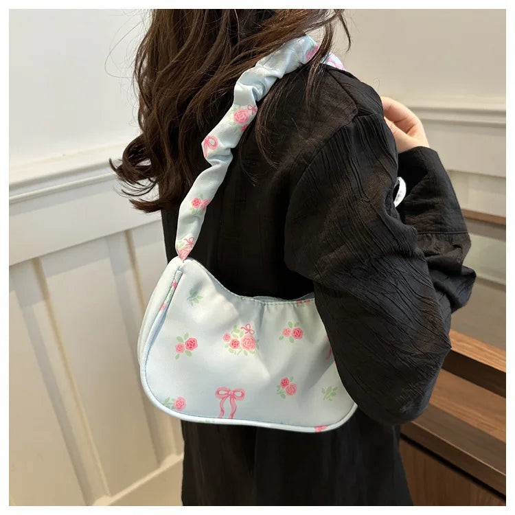 Women's Bags  Summer Nylon Pleated Handbags Armpit Bag Korean Floral Bow Printed Zipper Tote Bag Female Small Shoulder Bags