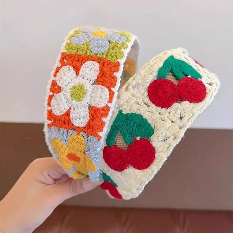 Sweet Embroidery Flower Kids Hair Hoops Colorful Knit Woolen Autumn Winter Wide Hairband for Girl Headwear