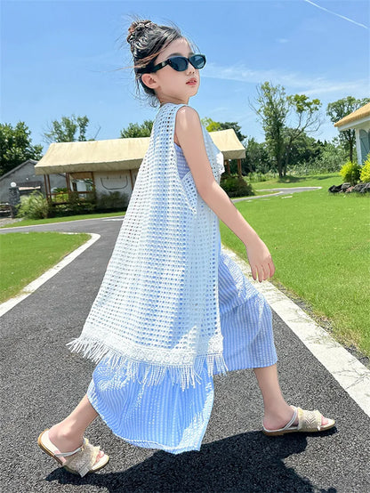 5-14Years Old Girls Dress Children Summer Sweet Beach Holiday Gown Kids Dresses Teenager Sleeveless Clothing Sets