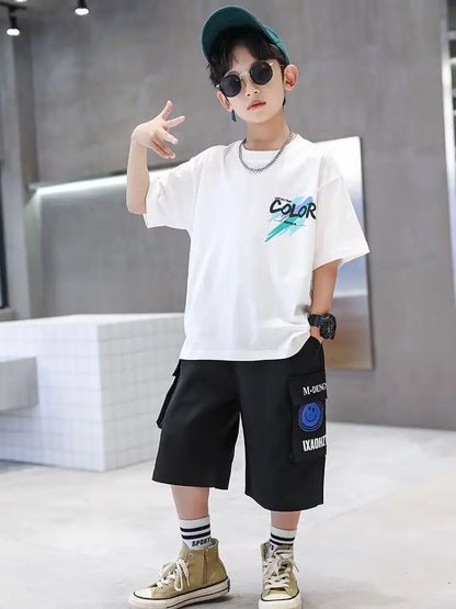 Summer 100% Cotton Boys Blue T-shirt Cool Graffiti Printed Girls Tees Short Sleeve Children Tops High Quality Kids Clothes