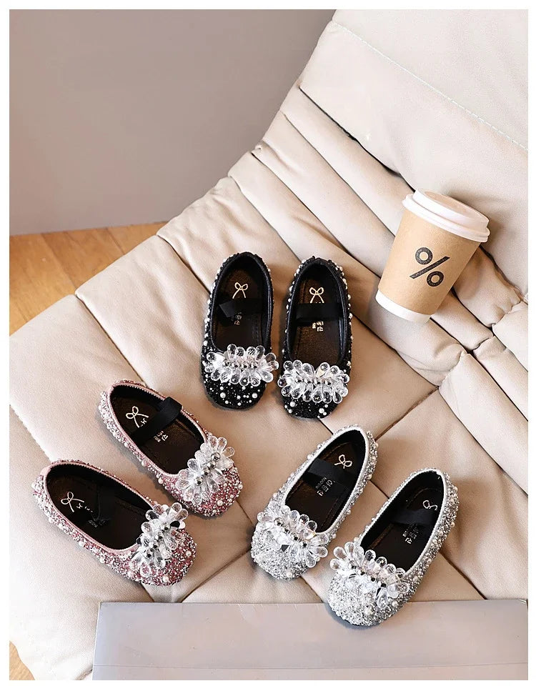 Children's Shoe for Girl Fashion Rhinestone Kids Leather Shoes Sequins Princess Ballet Slip-on Versatile Toddler Casual Shoes