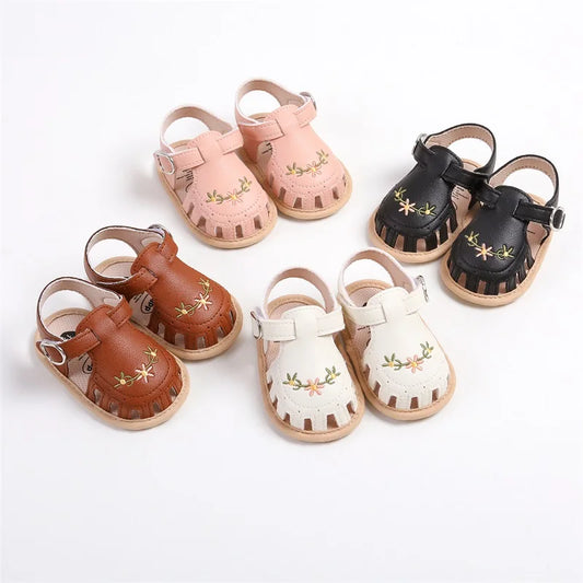 Newborn Infant Baby Girl PU Leather Embroidery Flower Sandals Summer Soft Sole Flat Princess Shoes Infant Non-Slip First Walkers