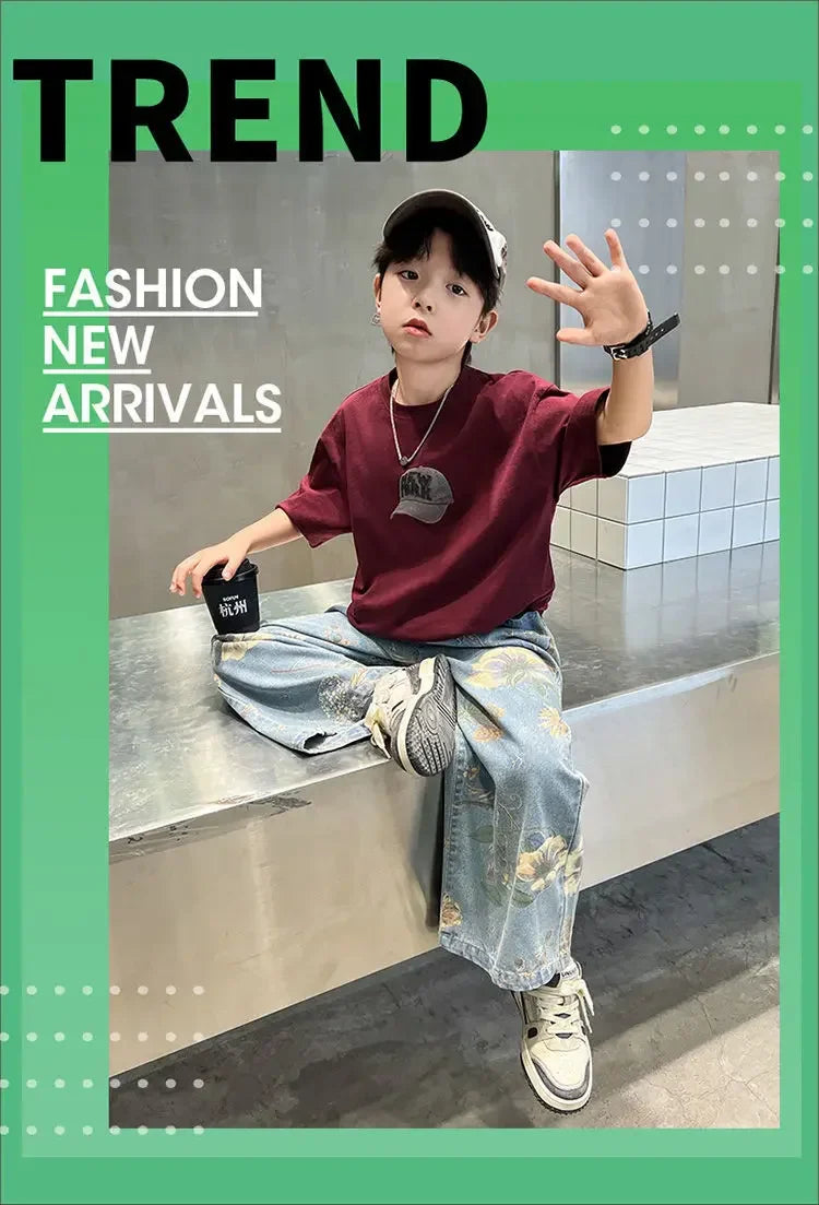 Boys' Summer Outfit Sets New Style Children's Short Sleeved T-shirt Long Pants Two-piece Suits Big Children's Stylish Sets