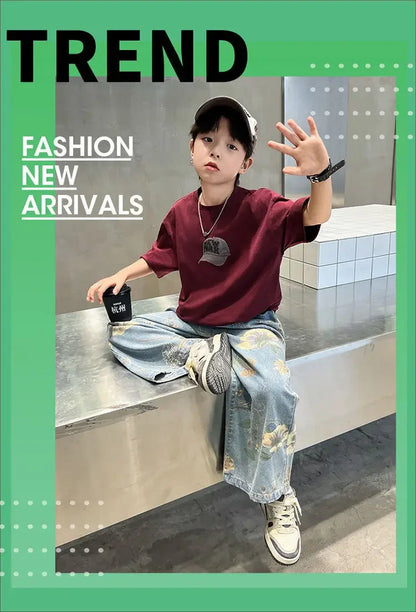 Boys' Summer Outfit Sets New Style Children's Short Sleeved T-shirt Long Pants Two-piece Suits Big Children's Stylish Sets