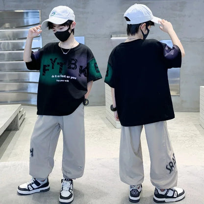Teenager Boys Clothes Casual Outfit Kids Gradient Tracksuit Child t shirt + ankle tie pant