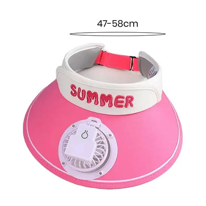 Summer Children Sun Hat with Mini Cooling Fan Empty Top Wide Brim Visor Hat Hiking Travel Sunscreen Hat Girls Boys Outdoor Sun P