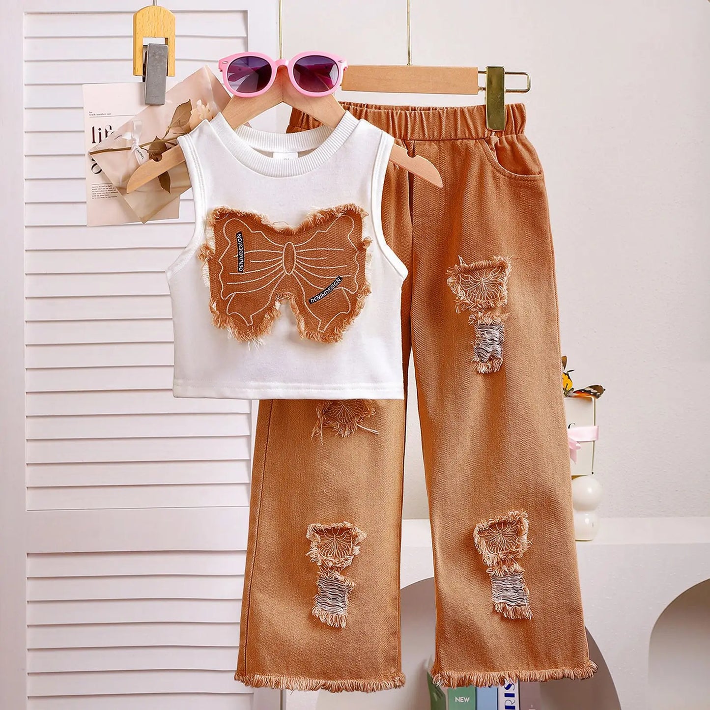 Unique Kid Set Summer Girl Sleeveless Applique Bow Camisole Top Ripped Denim Pants Two-Piece Children Suit Casual Comfortable