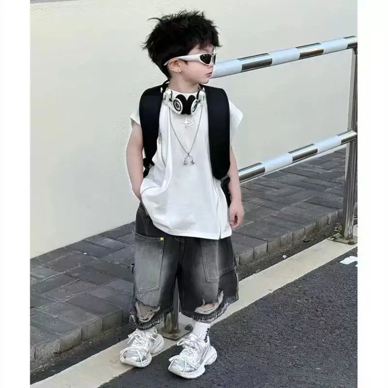 Boy Handsome Korean Version Sleeveless Vest + Retro Ripped Denim Shorts Two-piece Set Children's Casual Loose Set