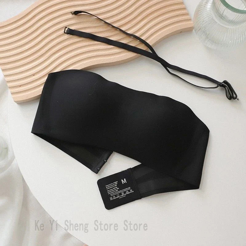Strapless women's no-scar, no-steel rims, top support, close-fitting bra, small breasts make larger, detachable shoulder straps