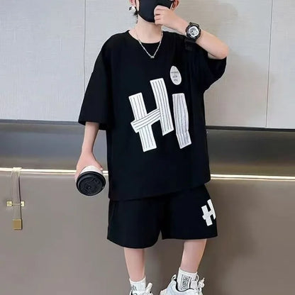 New Boys Sport Clothing Sets Summer Big Kids Loose Clothes Suit Short Sleeve Tops+Shorts 2Pcs Children Fashion Handsome Outfits