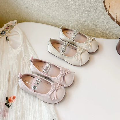 Girls' Rhinestone Princess Shoes Simple Versatile Kids Bow Leather Shoe Comfort Non Slip Girls Flat Casual Shoes