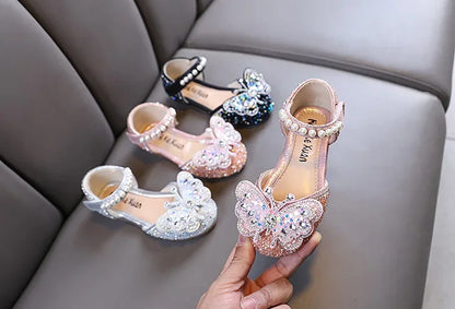 Kids Sandals for Girls Rhinestone Butterfly Elegant Versatile Children's Summer Sandals Soft Bottom Princess Fashion Flat Shoes