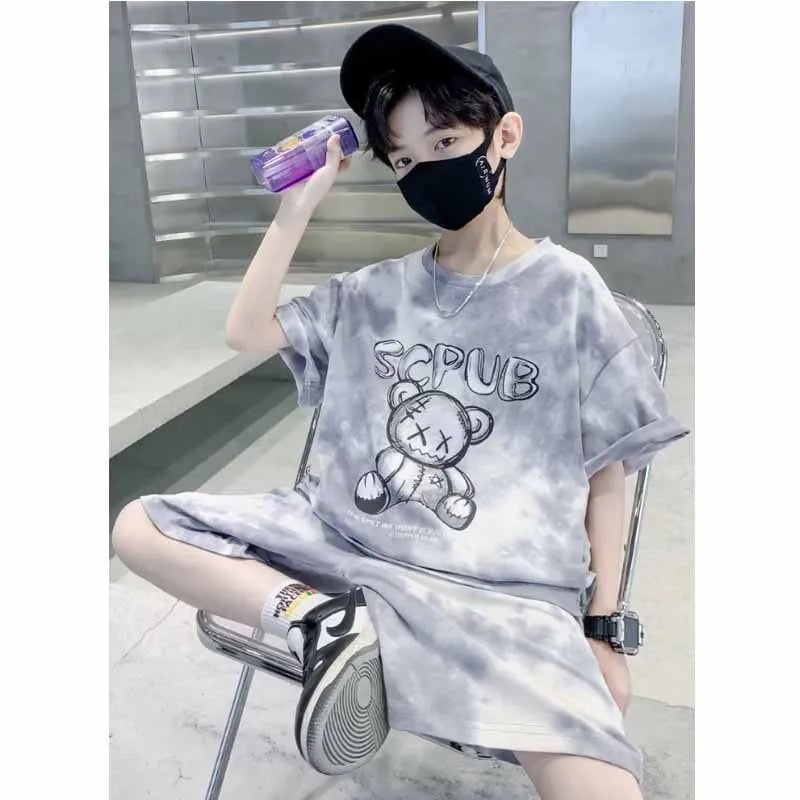 Boys Sports Suit Summer Cartoon Sets New Children's Short-Sleeved T-Shirt Shorts  Kids Fashion Loose Clothes Outfit