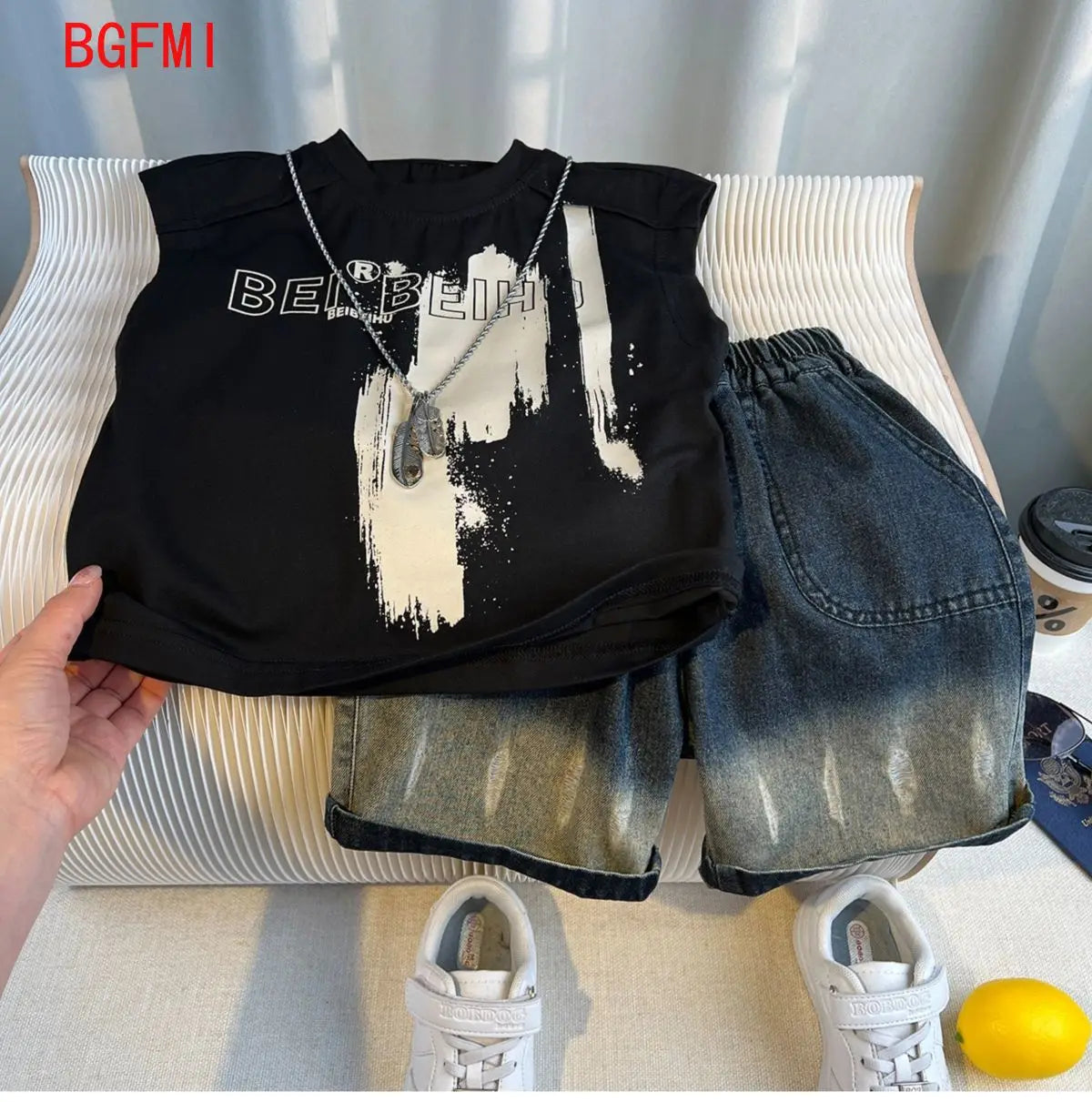 New Boys Fashion Summer Cotton Letter Printing T-shirts+Graffiti Denim Shorts 2pcs Set Kids Korean Outfits Sets Children Clothes