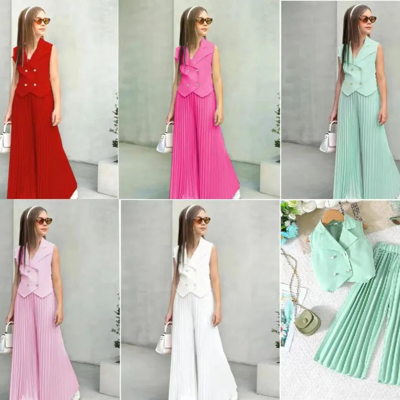 2025 Little Girls 2-Pieces Western-Style Outfit for Girls: Sleeveless Blazer Top+Wide-Leg Pleated Pants