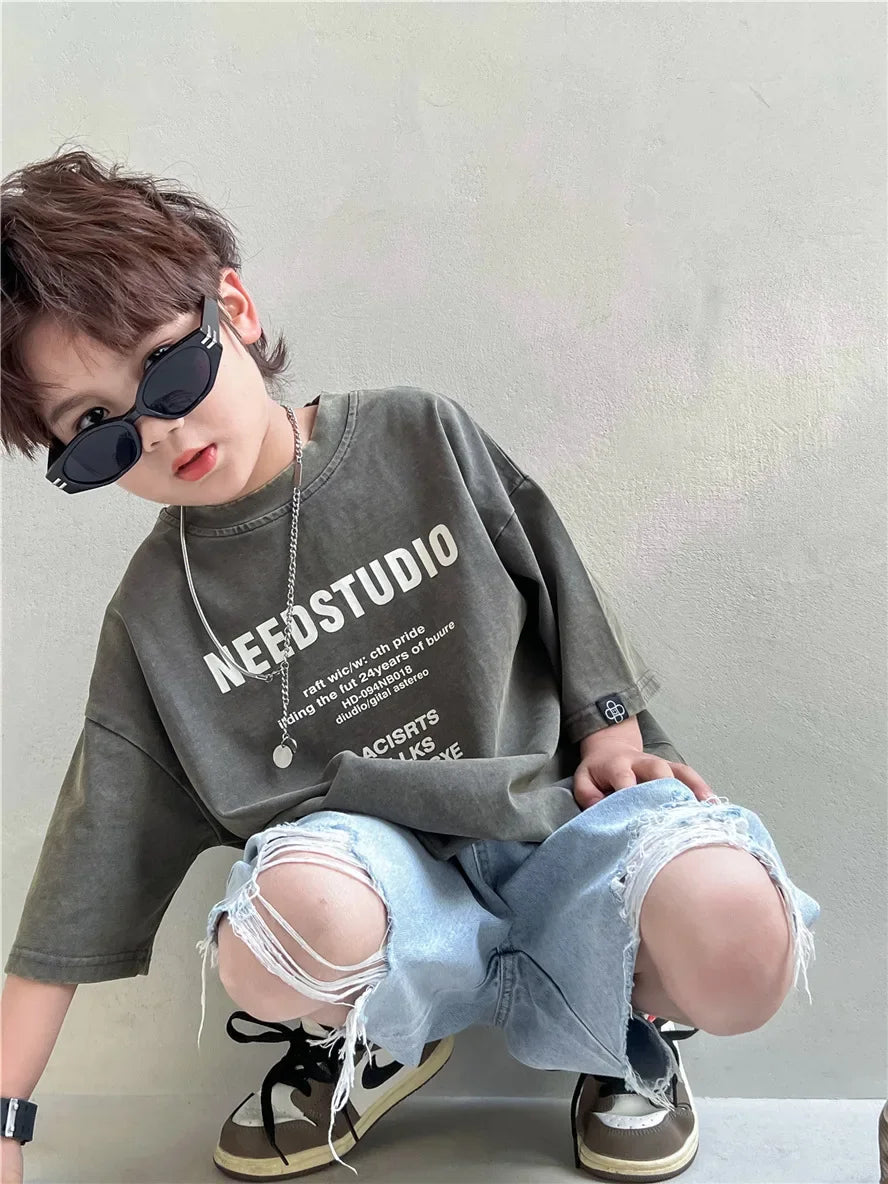 Pure Cotton Children's Short Sleeved Simple Trendy Letters Faded and Worn Half Sleeved T-shirts Boys Girls Stylish