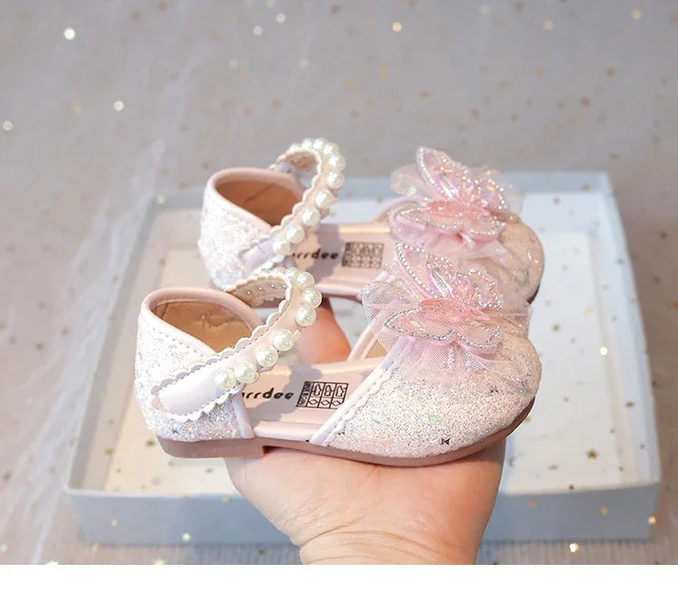 Girls Dress Shoes for Wedding Party Bling Sequins with Rhinestone Butterfly Sweet Princess Chic Kids Flat Shoes Lace Beaded
