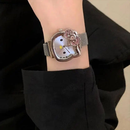 Hello Kitty Cartoon Watch Cute Student Fashion Watch Bow Decoration Quartz Wristwatch Girl Christmas Gift