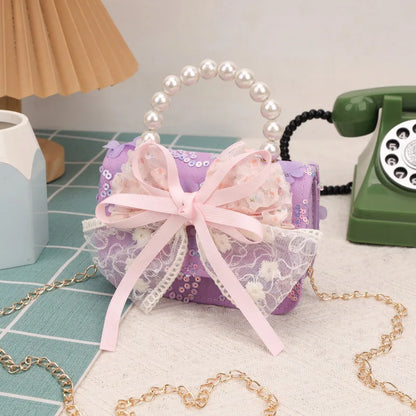 Cute Sequin Bow Kids Mini Square Shoulder Bags Versatile Children Chain Crossbody Bag Lace Girls Pearl Handbags Clutch Purse
