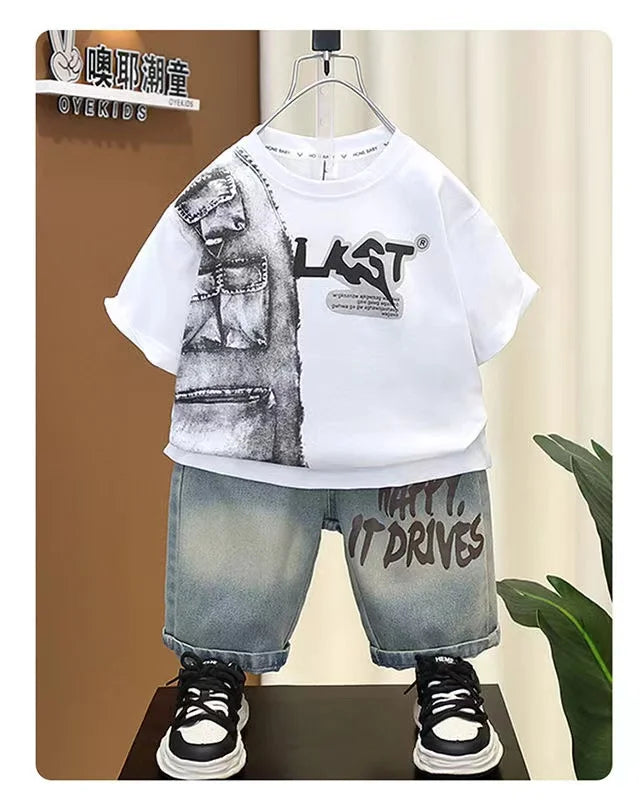 Boys Summer Clothing Set New Handsome Children's Short Sleeved Clothes Trendy Baby T-shirt Jeans Thin Two-piece Set