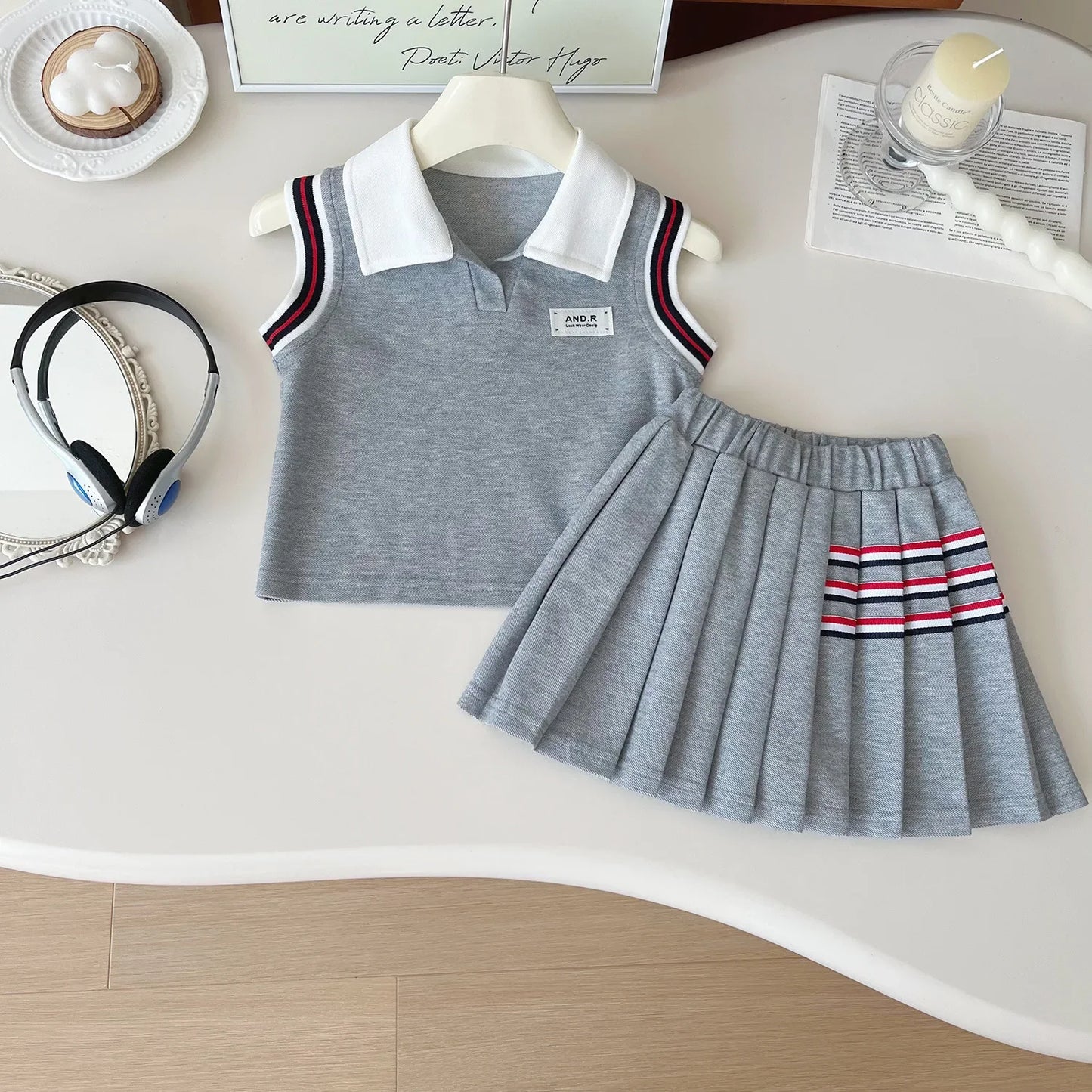 Baby Girl College Style Summer 2PCS Clothes Set Polo Collar Kid Girl Vest Top Set Thin Stylish Stripe Pleated Skirt Belle Outfit