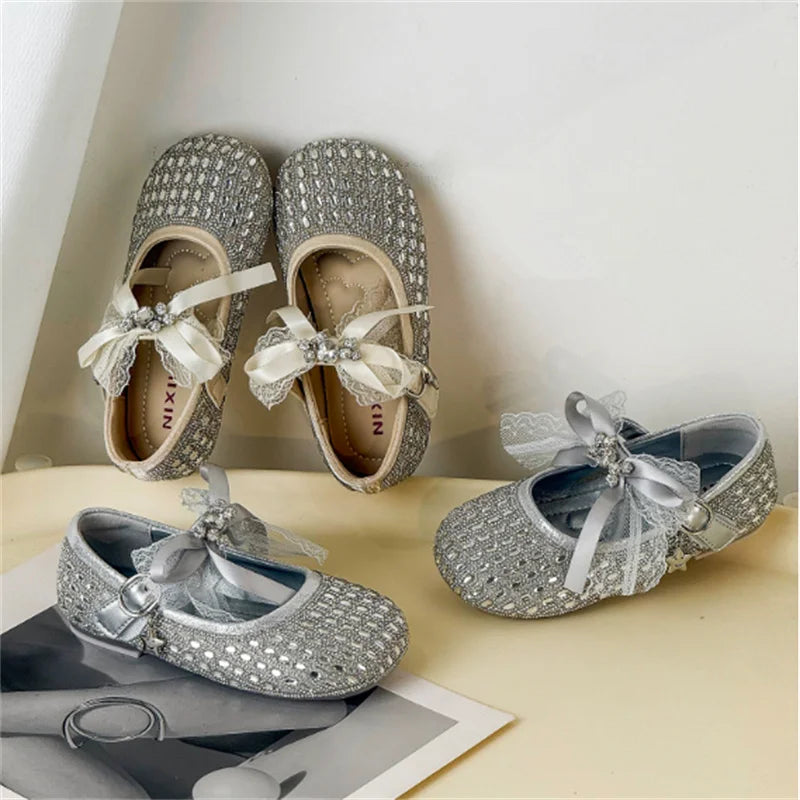 Children Shoes For Girls Leather Bow Rhinestone Princess Shoes Soft Sole Outdoor Fashion Kids Sneakers EU 26-33