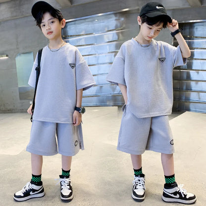 New Teenager Casual Outfits Children Trends Clothes Suits Kids Short Sleeves Tops+Baggy Pants 2Pcs